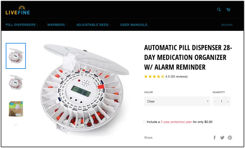 LiveFine Automatic Pill Dispenser website screenshot