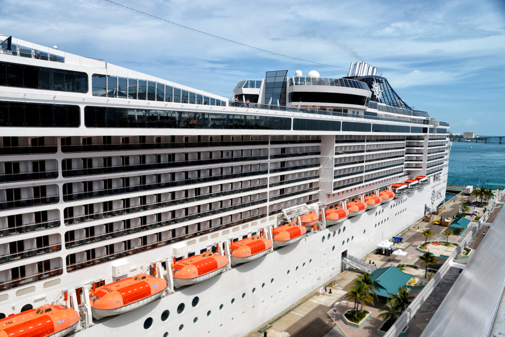 A MSC cruise ship docked in the Bahamas