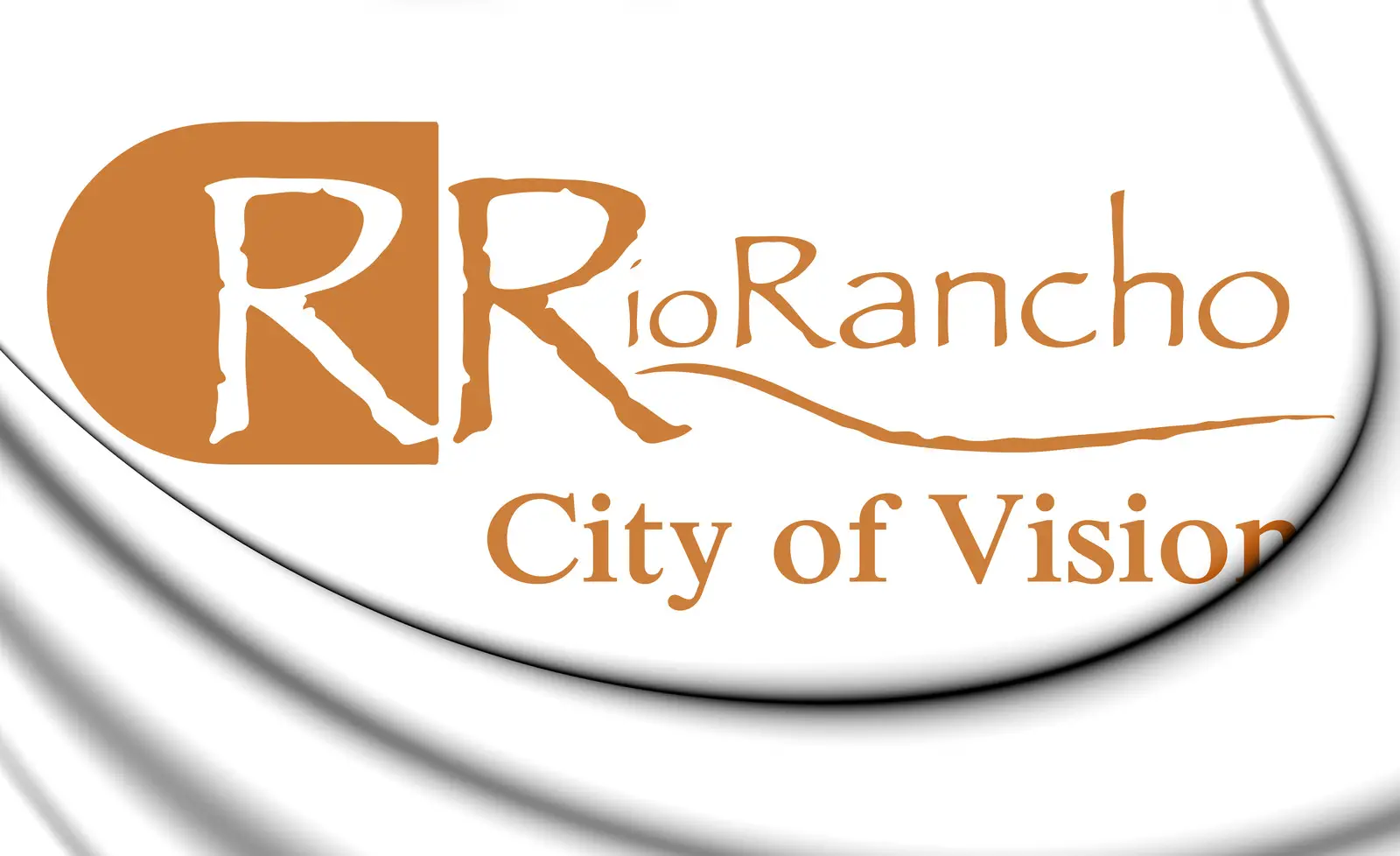 Rio Rancho City Logo in light brown and white with a shadowed swoop below