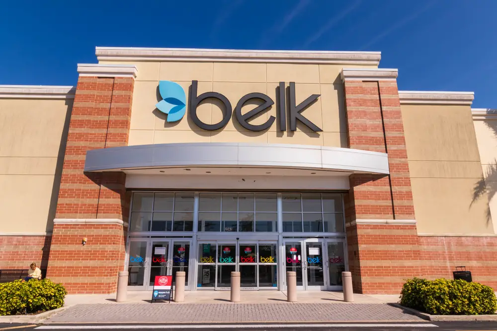 The exterior of a Belk store with its logo in large letters