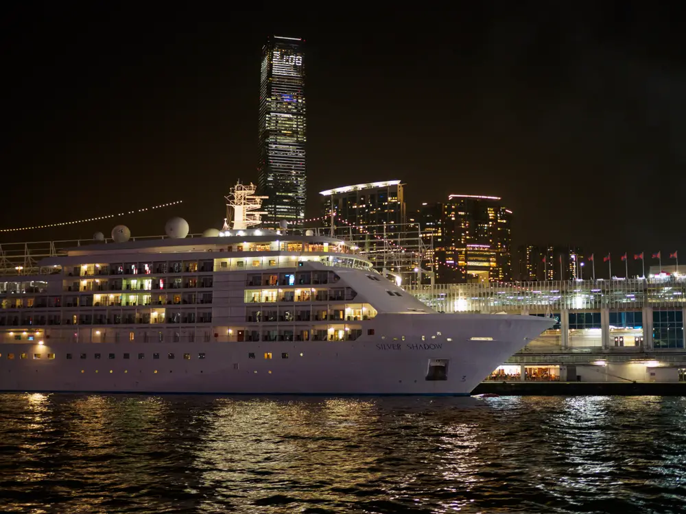Silversea cruise ship, Silver Shadow, docked in a Hong Kong harbor