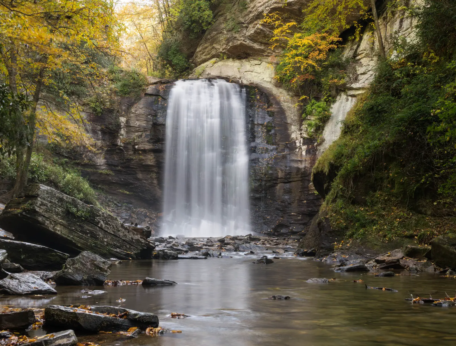 Looking glass Waterfall in autumn with leaves turning yellow and orange framing the waterfall