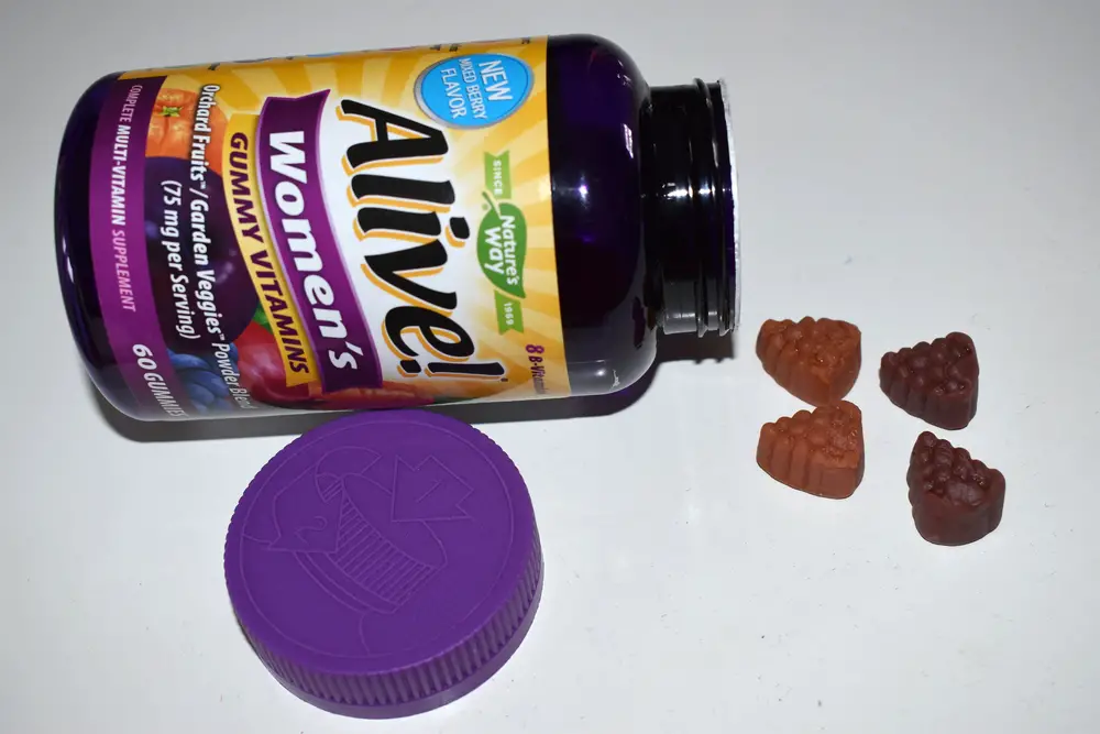 Nature's Way Alive gummy supplement on a white table