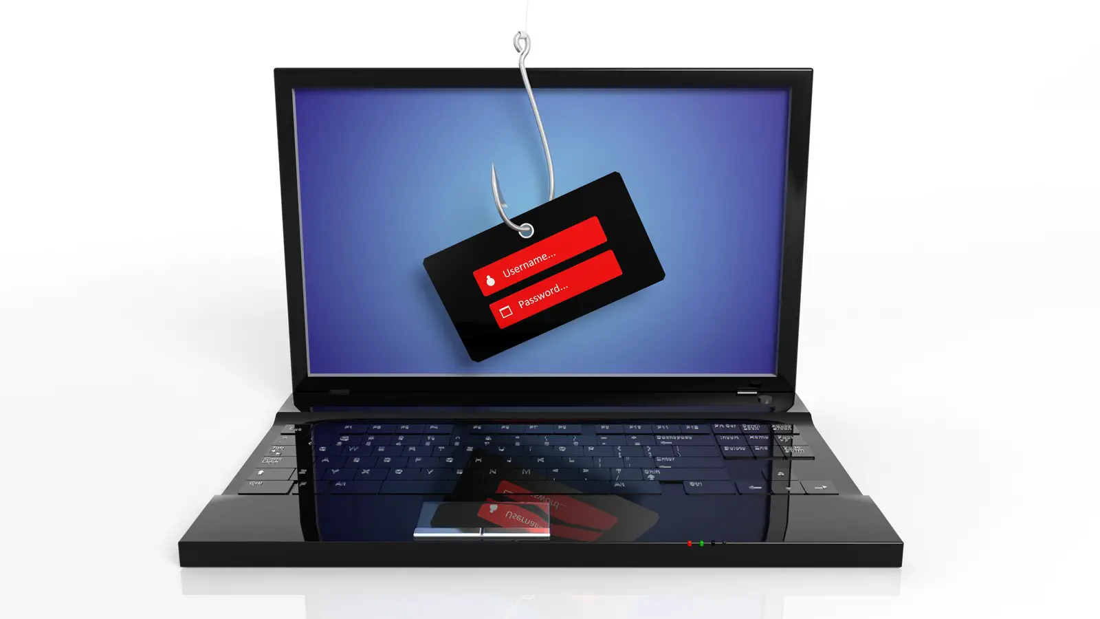 Fishing hook hanging on a laptop screen with username and password tag, representing a phishing scam