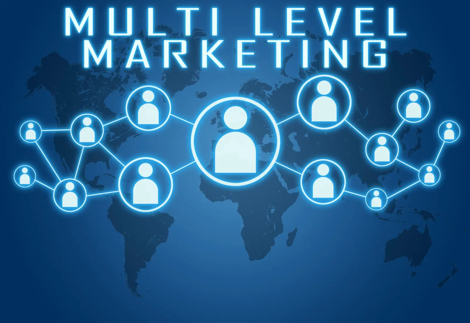 Multi level marketing concept on blue background with world map and social icons.