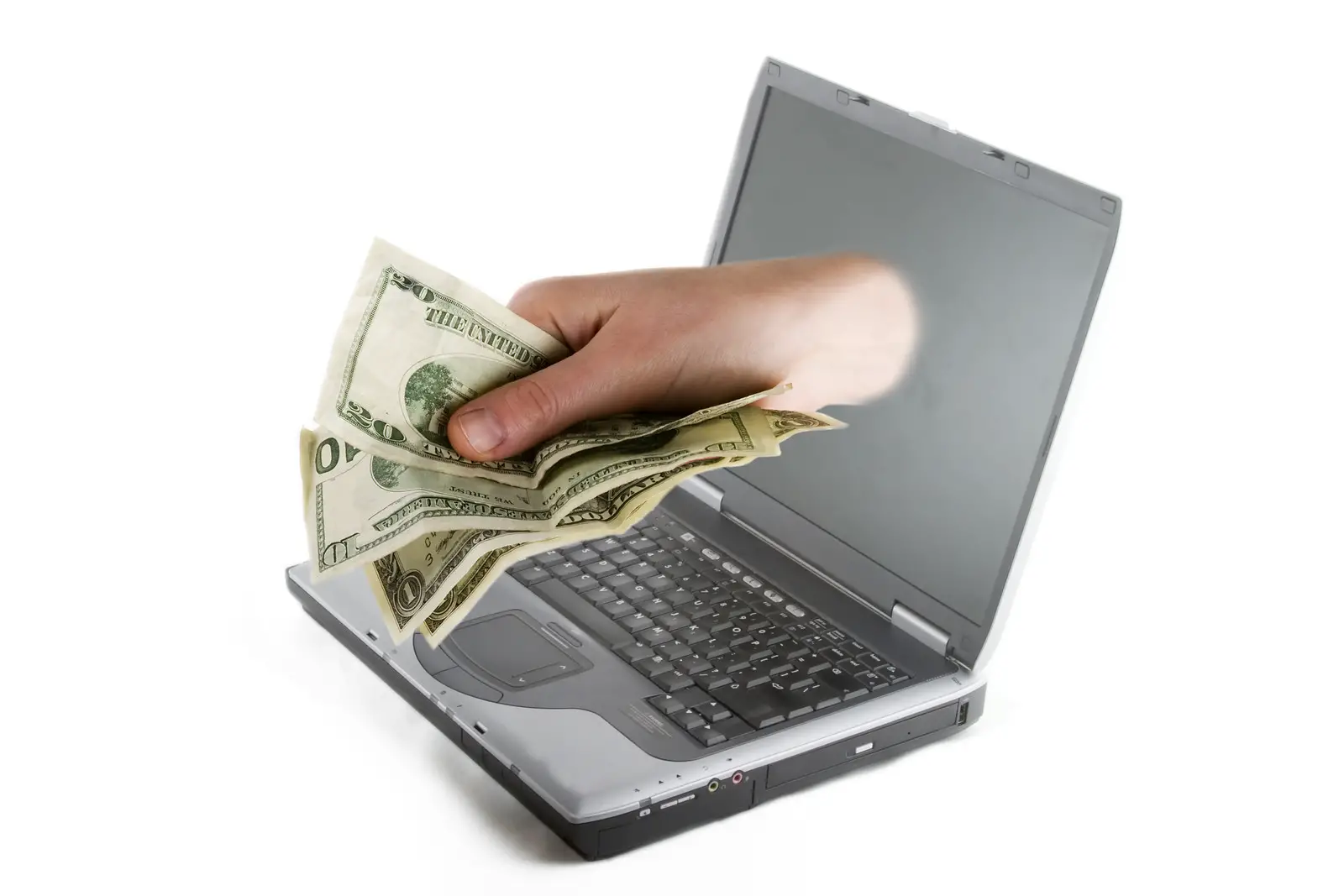 A hand reaching out of a lap top screen holding out cash
