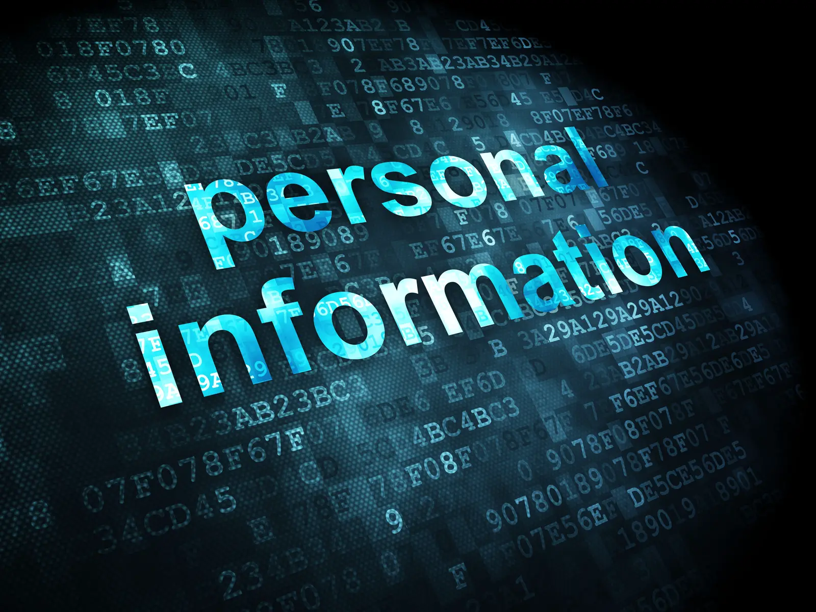computer screen with numbers and letters in the background but on the front of the screen in bold bright blue letters it says Personal Information