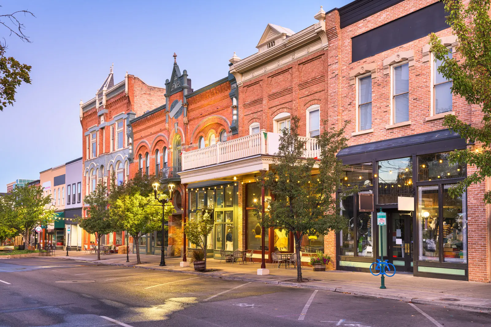 Downtown main street with older brick buildings lining the street