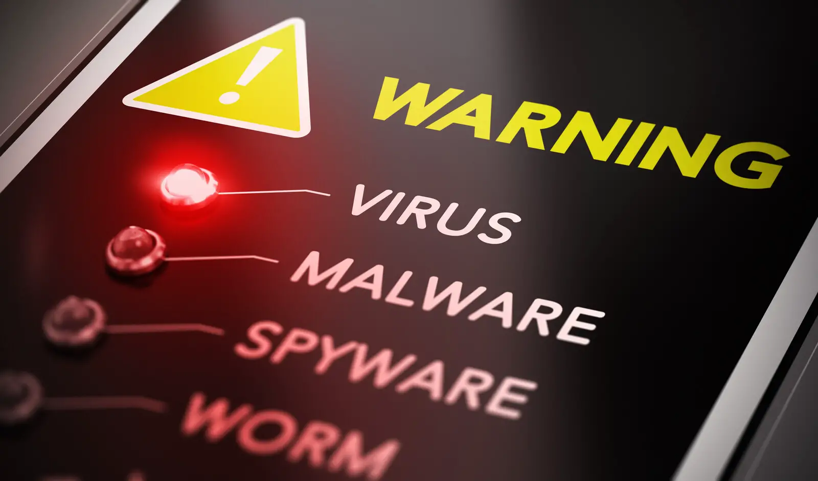 Close up of a control panel with warning in yellow at the top with a triangle with an exclamation mark in the middle, followed by a list with Virus, malware, spyware, and worm. the light next to virus is lit up