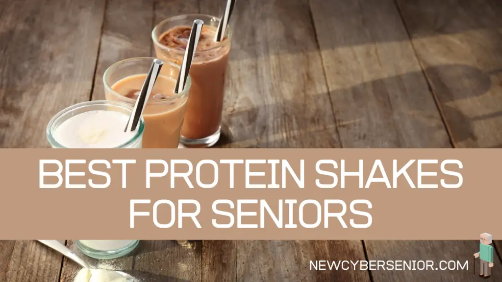 Three glasses containing a vanilla, a chocolate, and a mocha protein shake on a wooden table, looking at the best protein shakes for seniors